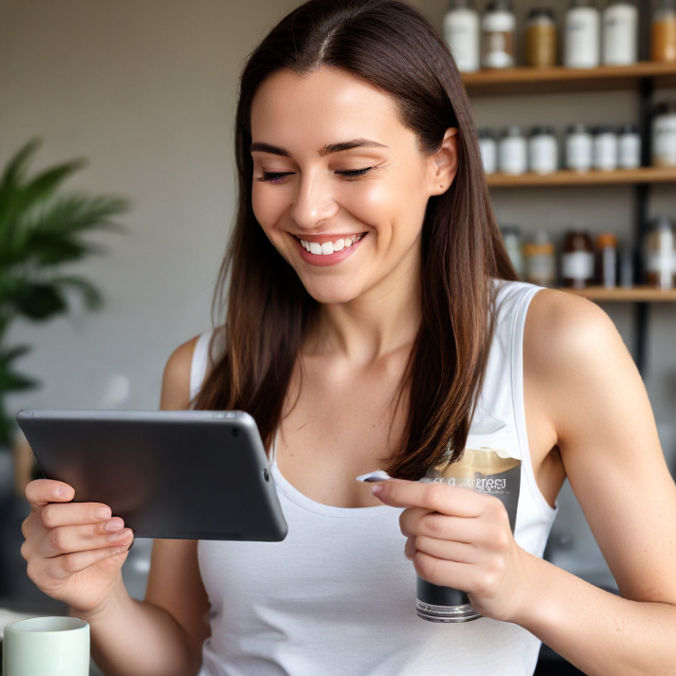 A person holding a bottle of FitSpresso, smiling and reading health supplement benefits on a tablet screen.