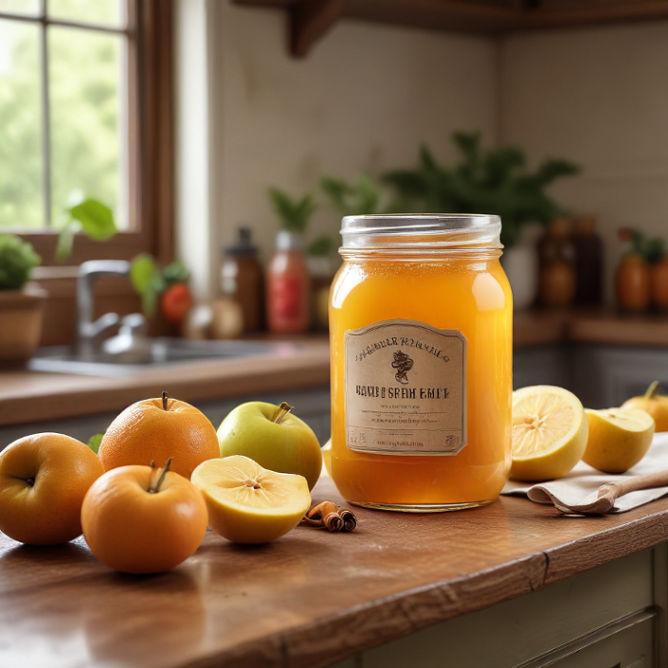 A cozy kitchen countertop with a jar of organic raw honey, fresh fruits, and herbal tea.